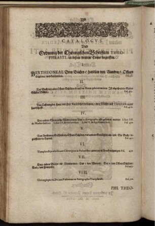 Catalogus Und Ordnung der Chirurgischen Schrifften Theophrasti, in disem dritten Tomo begriffen