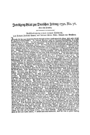 Intelligenz-Blatt zur Deutschen Zeitung 1790. No. 36