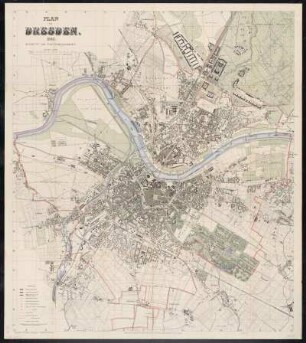 Stadtplan von Dresden, 1:10 000, mehrfarb., 1888 : Plan von Dresden / bearb. vom Stadtvermessungsamte. [Alfred Hottenroth]. - 1:10 000. - Leipzig : Giesecke & Devrient , 1888. - 1 Kt. : mehrfarb. ; 72 x 82 cm, gefaltet