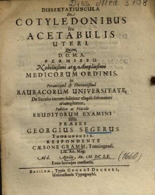Dissertatiuncula De Cotyledonibus seu Acetabulis Uteri