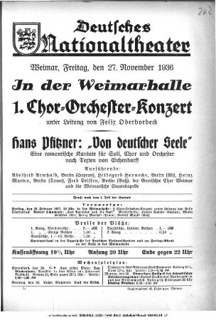 1. Chor-Orchester-Konzert [...] Hans Pfitzner: "Von deutscher Seele"