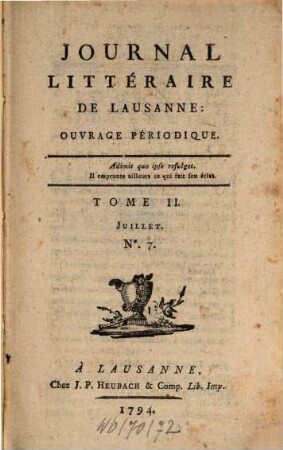 Journal littéraire de Lausanne : ouvrage périodique. 2, 2. 1794