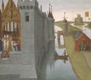 Grandes Chroniques de France — Salbung Ludwigs VI. des Großen in der Kathedrale von Orléans; Schloß von Corbeil, Folio 183