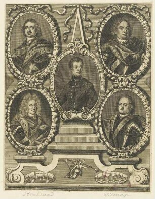Gruppenbildnis Carolvs XII., Petrvs Alexewitz, Fridericvs Avgvstvs, Fridericvs Wilhelmvs, Fridericvs IV.