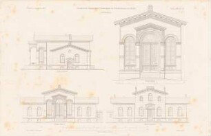 Städtisches Allgemeines Krankenhaus, Berlin-Friedrichshain: Vorderansicht, Seitenansicht, Rückansicht, Detail Leichenhaus (aus: Atlas zur Zeitschrift für Bauwesen, hrsg. v. F. Endell, Jg. 26, 1876)