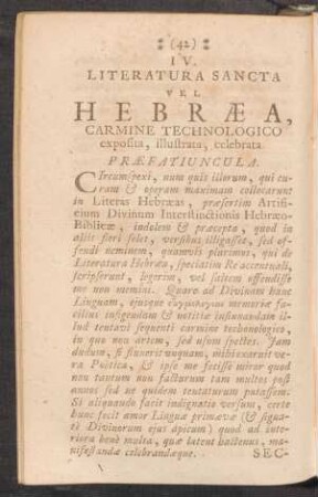 IV. - Literatura sancta vel Hebraea, Carmine technologico exposita, illustarta, celebrata.