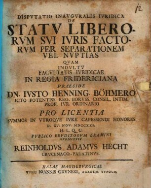 Dispvtatio Inavgvralis Ivridica De Statv Liberorvm Svi Ivris Factorvm Per Separationem Vel Nvptias