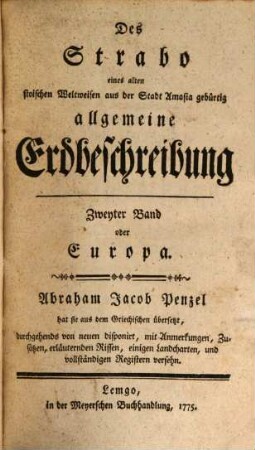 Des Strabo eines alten stoischen Weltweisen aus der Stadt Amasia gebürtig allgemeine Erdbeschreibung, 2. Europa