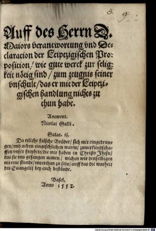 Auff des Herrn D. Majors Verantwortung ... wie gute Werk zur seligkeit nötig sind ... Antwort