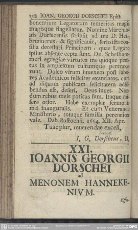 XXI. Ioannis Georgii Dorschei ad Menonem Hannekenium