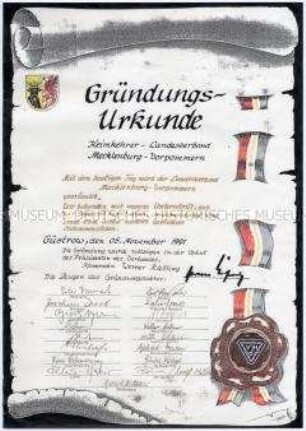 Gründungsurkunde des Landesverbandes Mecklenburg-Vorpommern (Kopie) - Sachkonvolut