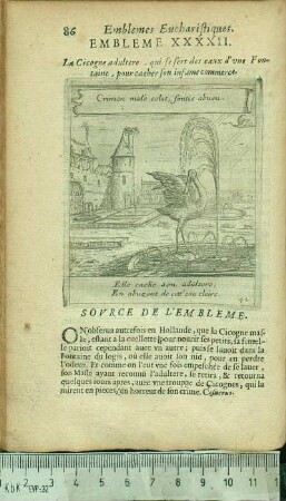 Embleme XXXXII. La Cigogne adultere, qui se sert des eaux d'une Fontaine, pour cacher son infame commerce.
