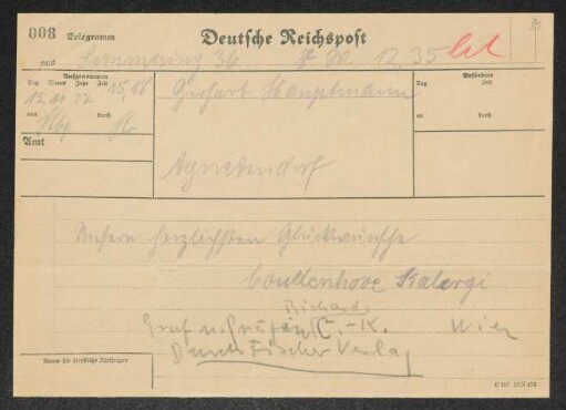 Brief von Richard Nicolaus von Coudenhove-Kalergi und Ida von Coudenhove-Kalergi an Gerhart Hauptmann