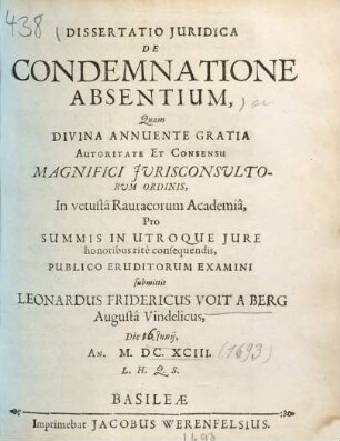 Dissertatio Juridica De Condemnatione Absentium