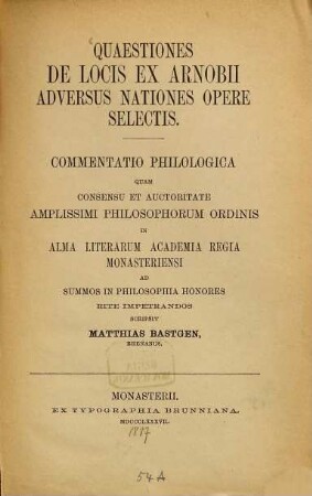 Quaestiones de locis ex arnobii adversus nationes opere selectis