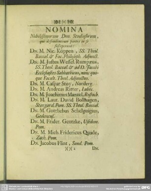 Nomina Nobilissimorum Dnn. Studiosorum, qui defendentium partes in se susceperunt