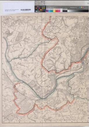 [Karte von Mintard, Kettwig, Werden, Flughafen Essen-Mülheim, mit farbig eingezeichneten Grenzlinien. Eingemeindungswünsche von Essen?]. [Vorlage:] Abgeschlossen im Apr. 1928. Stadtvermessungsamt Essen / Druck v. L. Schwann, Düsseldorf