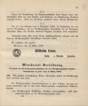 30. Ministerial-Verordnung, die Verwaltungseinrichtungen bei den Großherzoglichen Landesheilanstalten in Jena
