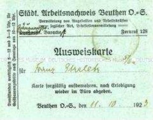 Ausweis des Städtischen Arbeitsnachweises Beuthen