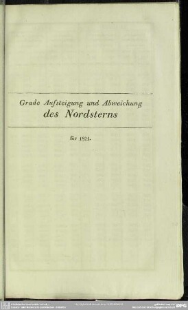 Grade Aufsteigung Abweichung des Nordsterns für 1821