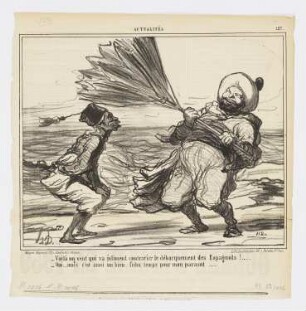 Voilà un vent qui va joliment contrarier le débarquement des Espagnols!..., Blatt 127 der Folge "Actualités", in: "Le Charivari", Paris 1859