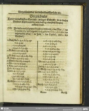 Verzeichnüs Derer vornehmsten Sprüche, heiliger Schrifft, so in diesen Vierdten Theil entweder weitläufftig, oder sonst kürtzlich erkläret seynd