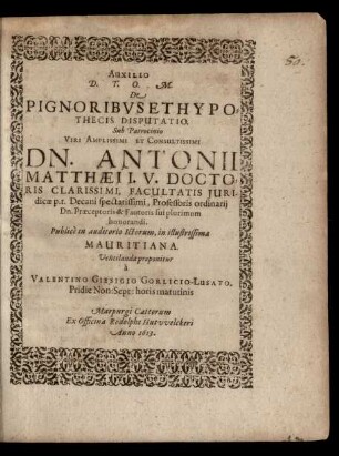 De Pignoribus Et Hypothecis Disputatio