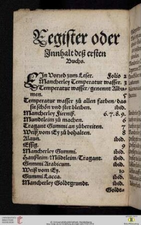 Register oder Innhalt deß erste Buchs