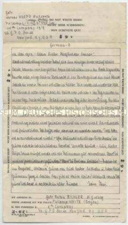 Brief eines deutschen Kriegsgefangenen aus dem PW Camp Whithe (Oregon) an seinen Stiefbruder im PW Camp Livingstone (Louisiana), mit Zensurvermerk der US Censorship - Personenkonvolut