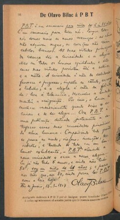 De Olavo Bilac á PBT : Autógrafo dedicado á PBT por el insigne poeta brasileño Olavo Bilac [...]