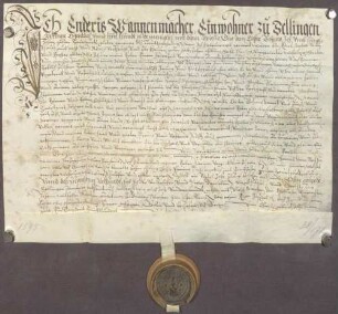 Gültverschreibung von Enderis Wannenmacher, Einwohner zu Söllingen, über zehn Gulden Hauptgut, für das er jährlich zehn Schilling und sechs Pfennig an das Kloster Gottesau zahlt.