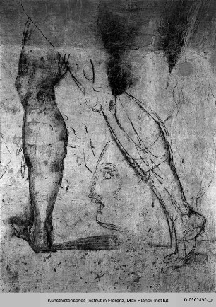 Wandzeichnungen an der Südwand: Figurenstudien : Beine einer gehenden männlichen Figur, Kopfstudie im Profil