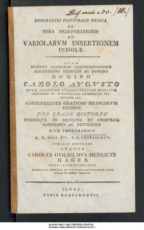 Dissertatio Inauguralis Medica De Vera Praeparationis Ad Variolarum Insertionem Indole