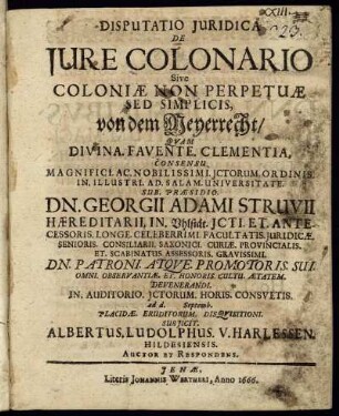 Disputatio Iuridica De Iure Colonario Sive Coloniae Non Perpetuae Sed Simplicis