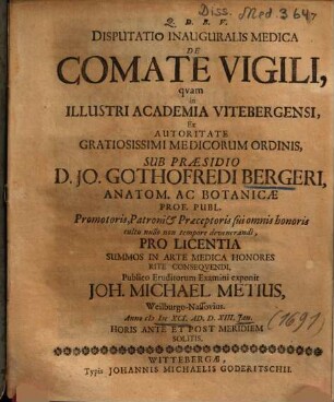 Disputatio Inauguralis Medica De Comate Vigili