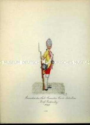 Uniformdarstellung, Grenadier des Leib-Grenadier-Garde-Bataillons "Graf Rutkowsky", 1730. Aus: Sammelmappe "Sachsens Militär", Königliche Arsenalsammlung.