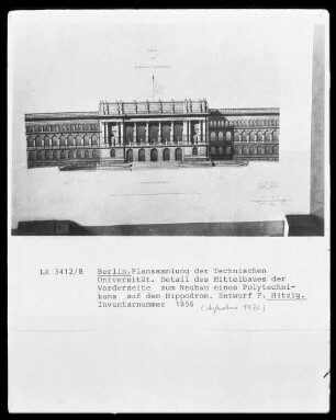 Detail des Mittelbaus der Vorderseite zum Neubau eines Polytechnikums auf dem Hippodrom