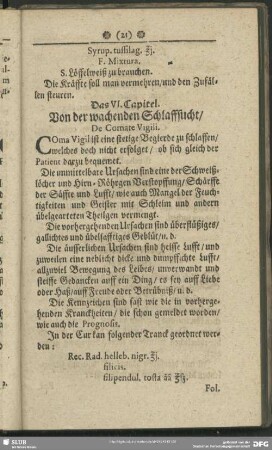 Das VI. Capitel. Von der wachenden Schlaffsucht, De Comate Vigili
