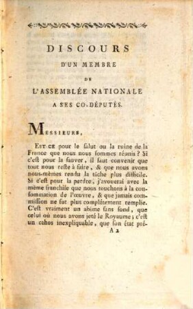 Discours d'un membre de l'Assemblée nationale à ses Co-Députés
