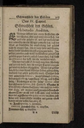 Das IV. Capitel. Schwachheit des Gehörs. Hebetudo Auditus.