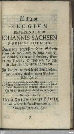 Anhang. Elogium Reverendi Viri Iohannis Sachsen Norinbergensis