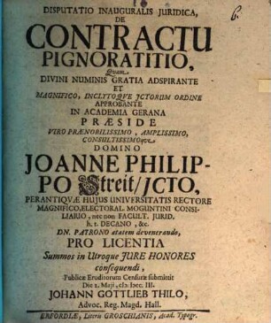 Disputatio Inauguralis Juridica, De Contractu Pignoratitio