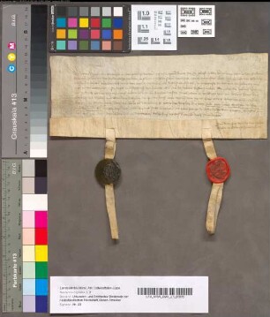 Belofte van Johanna, Vrouwe van Brederode en Gennep, om Johan, Heer van Brederode, Walraven en Willem van Brederode, haar zoons, niet te zullen onterven, wat Gennep betrof, 27 Maart 1394. Perkament met 2 stukken van uithangende zegels.