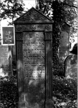 Grabstein 264 (Index: 100112084) Material: Sandstein Zustand: gut Maße HxBxT: 146x50x16 cm Beschreibung: ädikulaartige Stele mit Pilastern, Giebel Symbolik: drei Blüten, Blätter: Grabstein 264