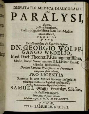 Disputatio Medica Inauguralis De Paralysi