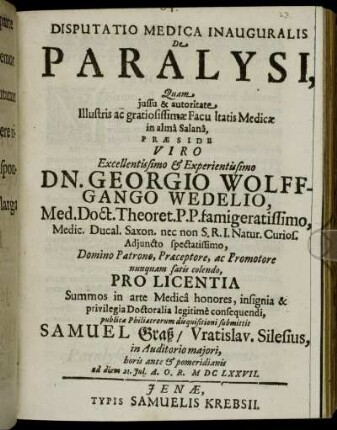 Disputatio Medica Inauguralis De Paralysi
