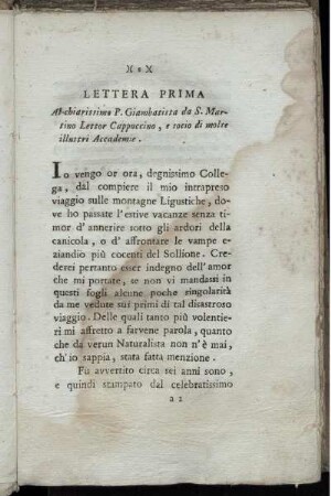 Lettera Prima Al chiarissimo P.Giambatista da S. Marino Lettor Capuccino...