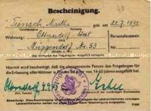 Bescheinigung über den Erhalt eines Fragebogens für die Erfassung aller Personen im Alter von 14 bis 65 Jahren