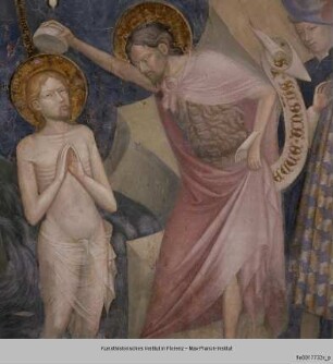 Szenen aus dem Leben Johannes des Täufers, Kreuzigung und Madonna mit verschiedenen Heiligen : Taufe Christi
