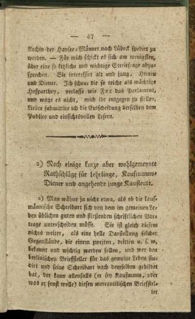 2) Noch einige kurze aber wohlgemeynte Rathschläge für Lehrlinge, Kaufmanns-Diener und angehende junge Kaufleute.